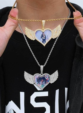 热销欧美嘻哈照片吊坠铜镶钻爱心翅膀锆O石实心记忆相框项链