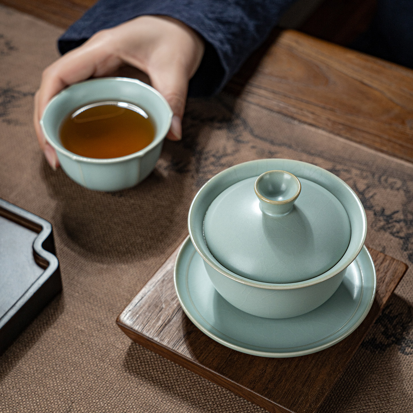 汝窑盖碗茶杯套装家用泡茶碗景德镇汝瓷功夫茶具开片复古青瓷送礼,淘宝优惠券,粉丝福利购,淘宝优惠卷