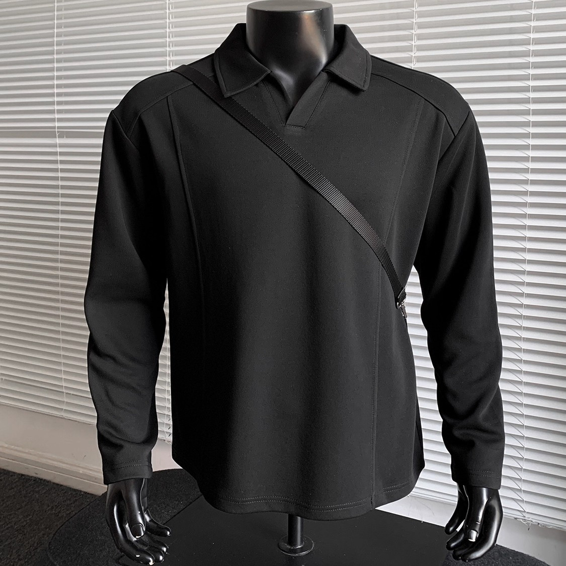 美式正肩拼接V领polo衫长袖卫衣男款秋高级感cleanfit内搭打底衫 - 图1