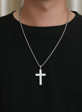 钛钢镶满钻十字架项链 不锈钢CDNC单双排钻十字架情侣吊坠