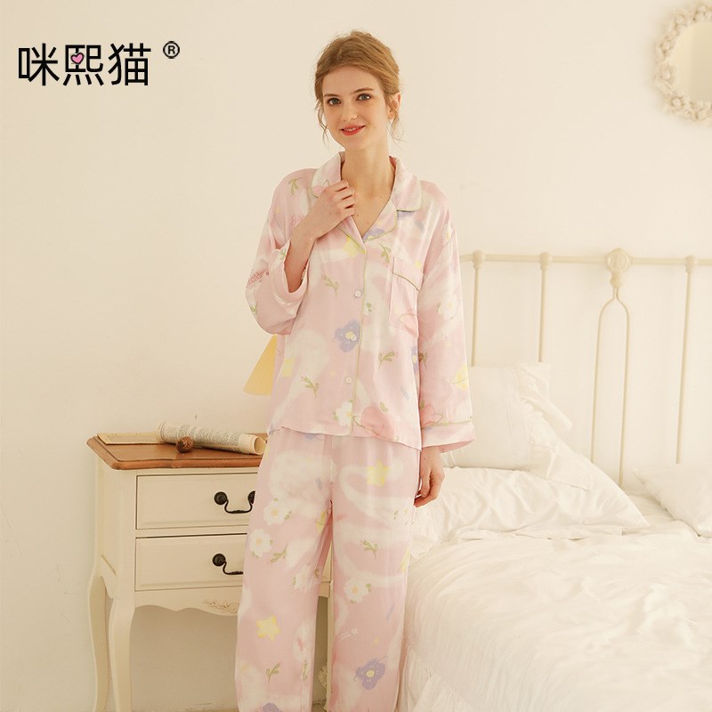 宽松款春夏女式人棉贡缎睡衣套装 F桃桃星球长袖简约家居服睡衣T - 图1