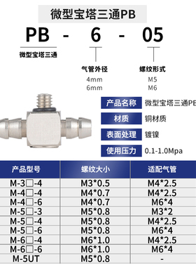 迷你微型快拧宝塔三通接头PB4-M4 M3 6-M5M6气管螺纹三通气动锁管