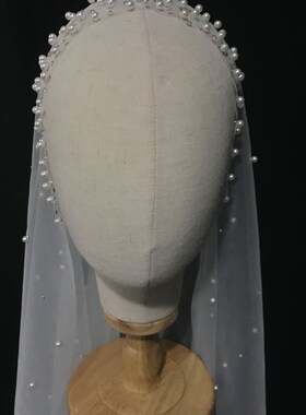 头纱 韩式新娘结婚头纱手工钉珠加彩钻K闪闪白色长款旅拍摄影头纱