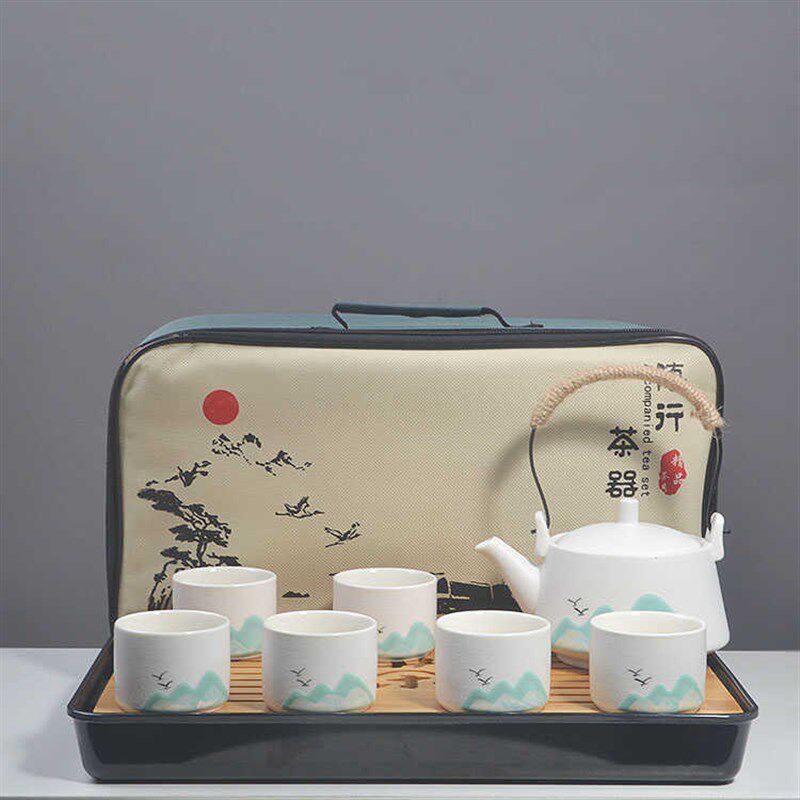 A complete set of tea sets, home ceramics, one pot and four cups, hand-painted handle kettle, small tea tray, tea table, travel custom LOGO