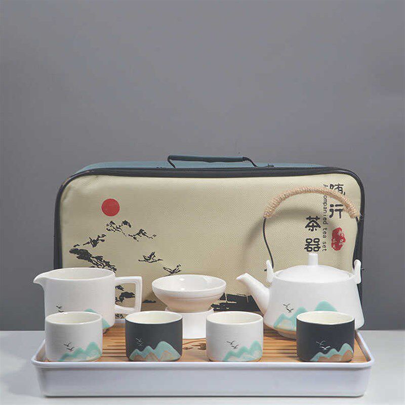 A complete set of tea sets, home ceramics, one pot and four cups, hand-painted handle kettle, small tea tray, tea table, travel custom LOGO