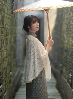 复古民国风配旗袍披肩外搭文艺少女针织薄款蕾丝钓花开衫外套新款