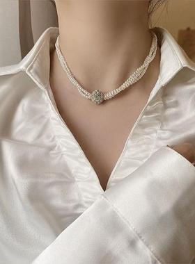 2024年新款潮小众设计感三层珍珠项链女气质个性吸铁石锁骨链颈链