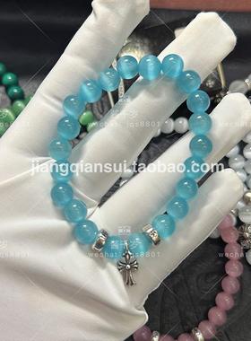 酱千岁白粉猫眼石十字架银珠手链字母圆球水晶手串小清新女饰品