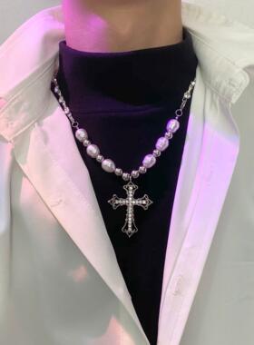 珍珠满钻十字架项链女ins嘻哈小众设计复古朋克简约男2025年新款