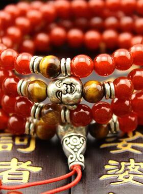 天然红玛瑙108颗佛珠手链108粒红玛瑙多层多圈佛头手串