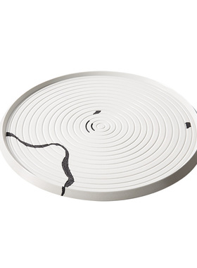 邸高家居新中式白色墨纹陶t瓷托盘样板间客厅茶室茶桌收纳圆形茶