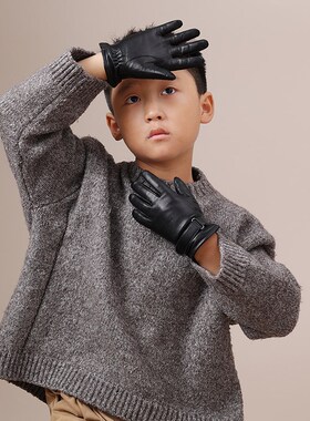 加厚儿童皮手套秋冬季宝宝男孩男童真皮保暖五指小孩秋天加绒可爱