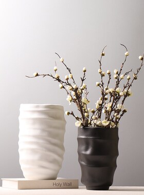 现代简约陶瓷蚕茧花瓶黑r白色宽口径插花花器样板房装饰品摆件磨