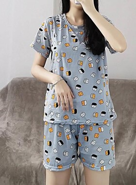 睡衣女夏季短袖七分裤带胸垫女士两件套夏天软乎可外穿家居服夏款
