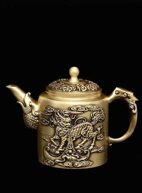 黄铜龙凤小茶壶山水麒麟手提壶办公室家居工艺品创意桌面摆件铜器