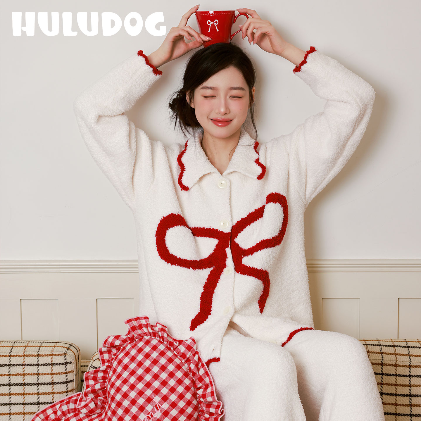 【新款上新】HULUDOG半边绒蝴蝶结睡衣套装舒适保暖可外穿家居服