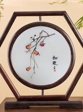 苏绣桌面屏风创意刺绣摆件中国风中式家居红木台屏手工双面绣摆台