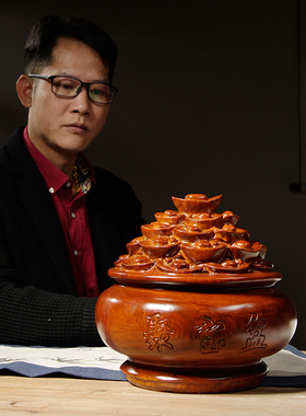 花梨木雕刻聚宝盆摆件红木工艺品家居H客厅装饰公司店铺开业送礼