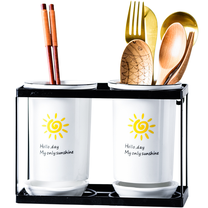 筷篓陶瓷筷子筒置物架 沥水厨房放勺子的收纳盒桶平Y放筷子笼家用 - 图3