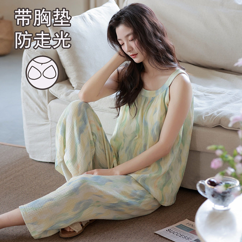 带胸垫防走光睡衣女夏季短袖短裤水墨紫花开衫可外穿家居服套装w