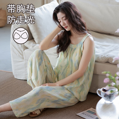 带胸垫防走光睡衣女夏季短袖短裤水墨紫花开衫可外穿家居服套装w