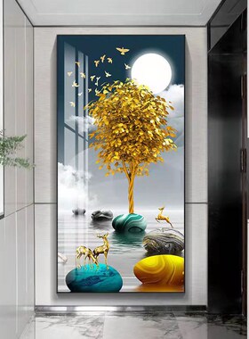 现代简约入户过道牡丹玄关走廊y富贵挂画竖版壁画装饰画背景墙客