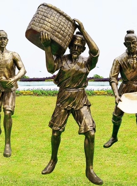 农耕民俗文化雕塑古代o人物劳动丰收割水稻耕地牛拉犁模型景观摆