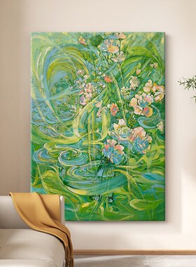 绿色小清新客厅装饰画抽象绿植纯手绘油画奶油风玄关卧室肌理挂画