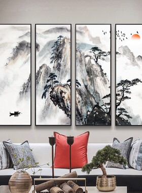客厅装饰画新中式沙发背景墙四y联画流水生财风景挂画办公室组合