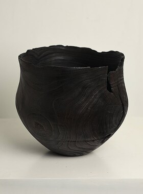黑色日式侘寂风木质花瓶摆件居家样板房间客厅博T古架装饰品软装