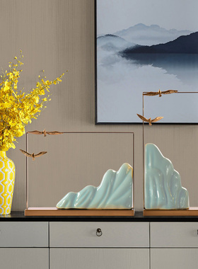 新中式金属陶瓷假山摆件q家居软装饰品客厅样板房酒柜桌面玄关摆