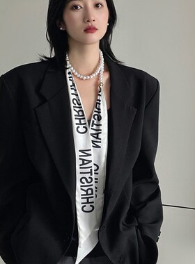 女士新款项链丝巾系脖珍珠小领巾脖子颈饰高级感长条细窄西装颈带