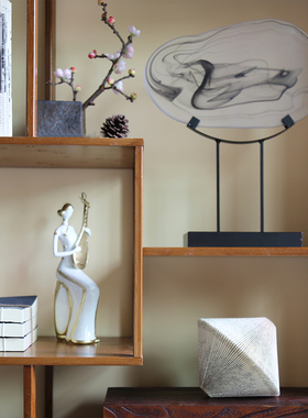 现代中式白色透明水墨q玻璃苔藓样板间玄关书房博古架软装饰品摆