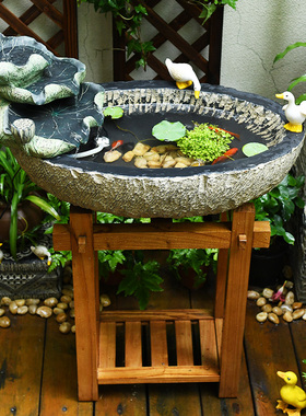 户外露台阳台循环流水石磨摆件室A外落地鱼缸仿石槽小院子鱼池景