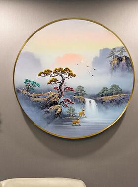 SI6K中式F7665768入户正对挂画客厅玄关灯圆形新装饰画手绘山墙水