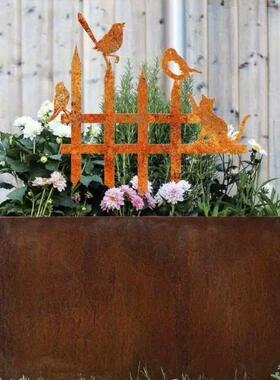 TemuShein热销款生锈的金属猫鸟花园艺术地插金属庭院桩艺术