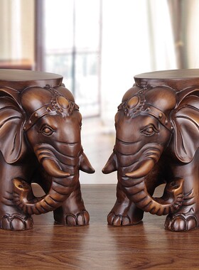 实木雕刻大象凳子换鞋一对木质象摆件落地L玄关柜客厅手工艺品乔