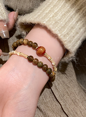 六字箴言~c菩提绿檀木竹节串珠手链女新中式复古双层叠戴闺蜜手饰