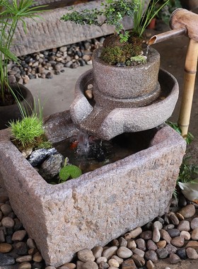 中式客厅流水鱼缸喷泉玄关落w地水景观石磨摆件民宿水池造景装饰