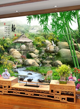 电视背景墙壁纸3D立体山水风景画墙布客厅中式墙纸办公室招财壁画