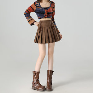 拉夏贝尔咖色鹿皮绒绑带半身裙女秋冬新款美拉德a字防走光百褶裙