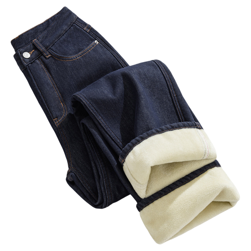 拉夏贝尔深蓝色加绒窄版阔腿牛仔裤女秋冬季新款加厚高腰直筒裤子,淘宝优惠券,粉丝福利购,淘宝优惠卷