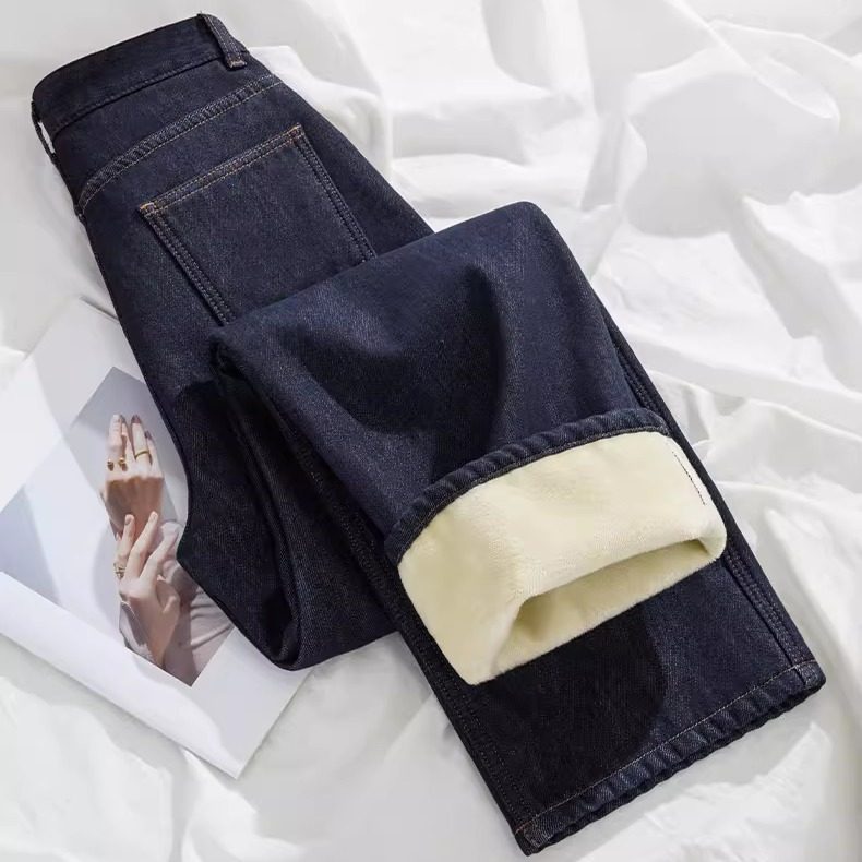 拉夏贝尔深蓝色加绒窄版阔腿牛仔裤女秋冬季新款加厚高腰直筒裤子,淘宝优惠券,粉丝福利购,淘宝优惠卷