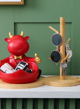 可爱萌牛玄关钥匙托盘进门入户C收纳创意客厅床头柜梳妆台摆件