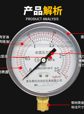 耐震压力表YTN100/25/40/6/1.6MPA液压油压表水压表防震气压表2.5