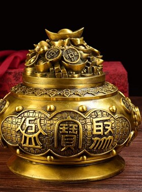 纯铜聚宝盆摆件招财铜碗带盖五路财神聚财客厅家用装饰Z品开业礼