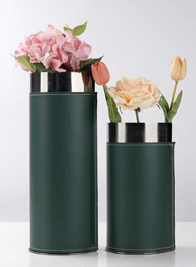 现代轻奢摆织编皮质花器样房ZWQ客厅餐厅桌面干花圆板柱花瓶装饰