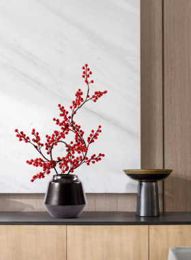 新中式盆景摆件茶几玄关售楼处酒店E红色发财果餐饮桌花艺软装饰