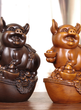 实木招财生肖猪摆件客厅玄关博古架F办公室中式装饰福猪手工艺礼