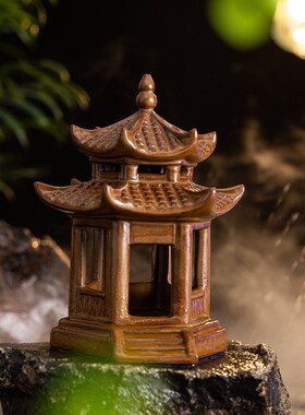 古风双层六角亭子凉亭陶瓷摆件禅意鱼缸造景微景观装饰品中式摆设